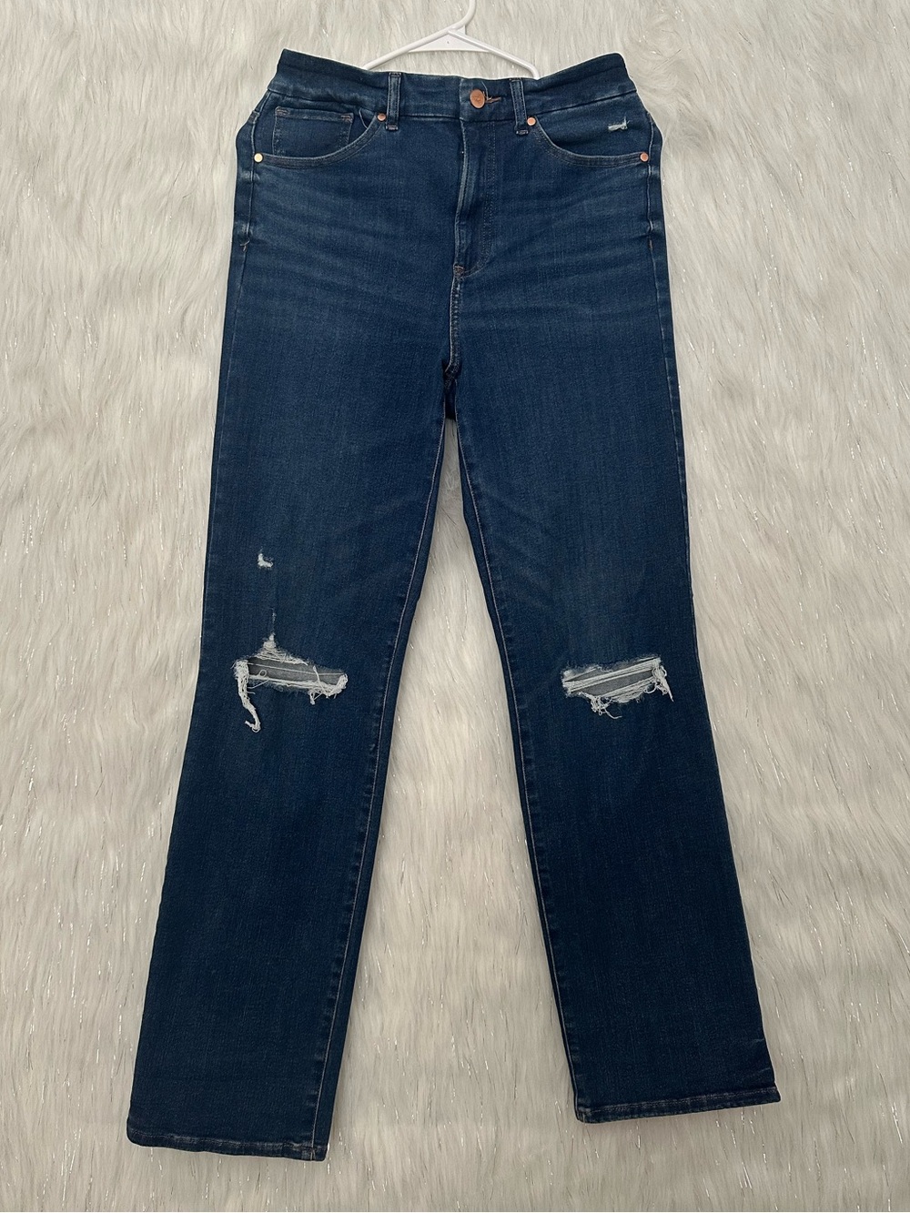 Express Dark Blue Distressed Straight-Leg Jeans